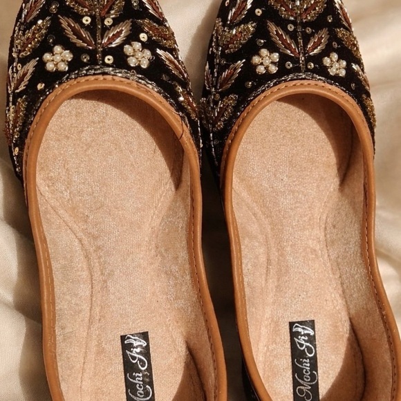 Shoes - Embellished Black Jutti Flats with Gold Beadwork